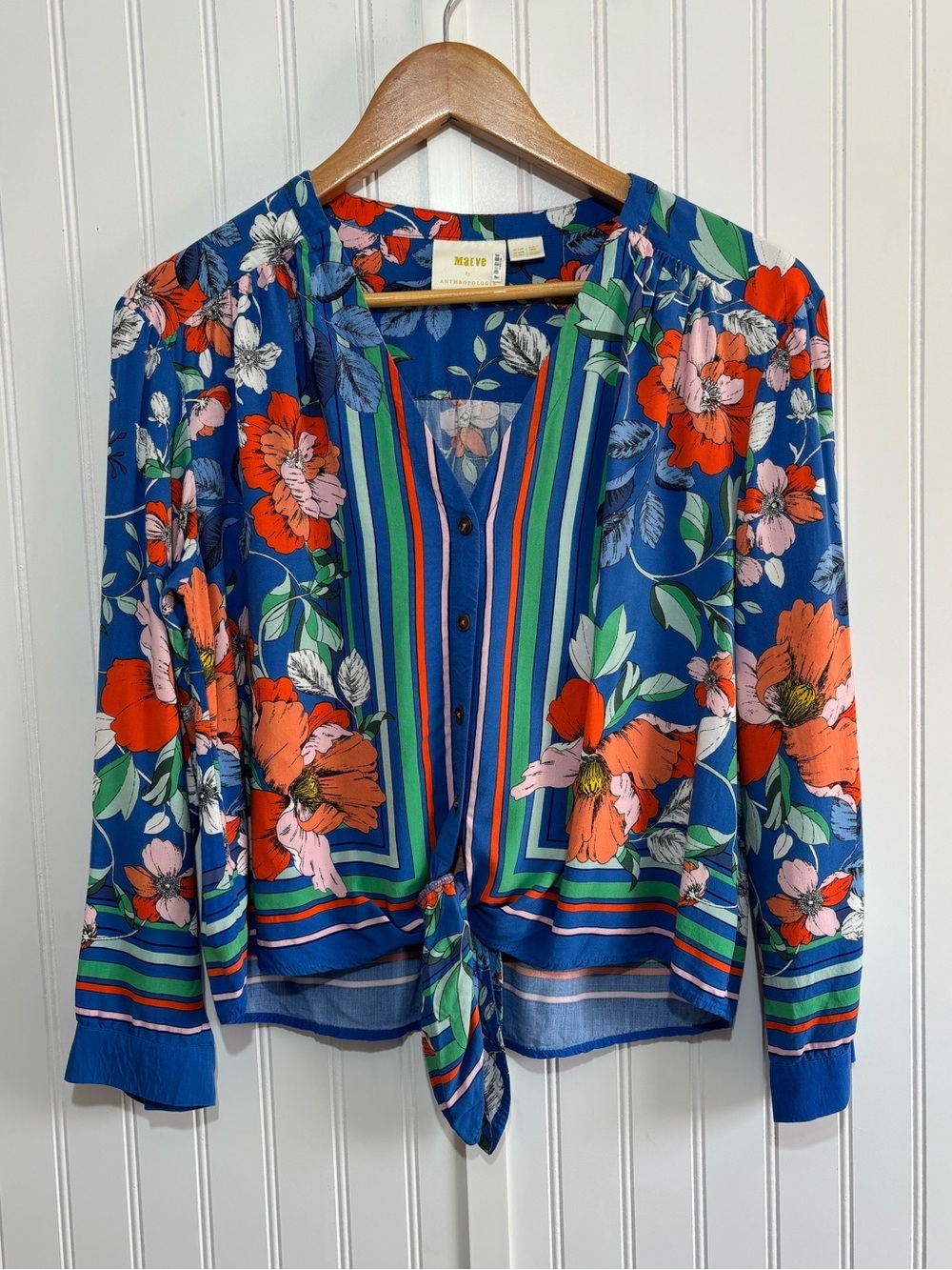 Maeve by Anthropologie Floral Blouse Tie Front Boho Top Blue Orange 10 Petite